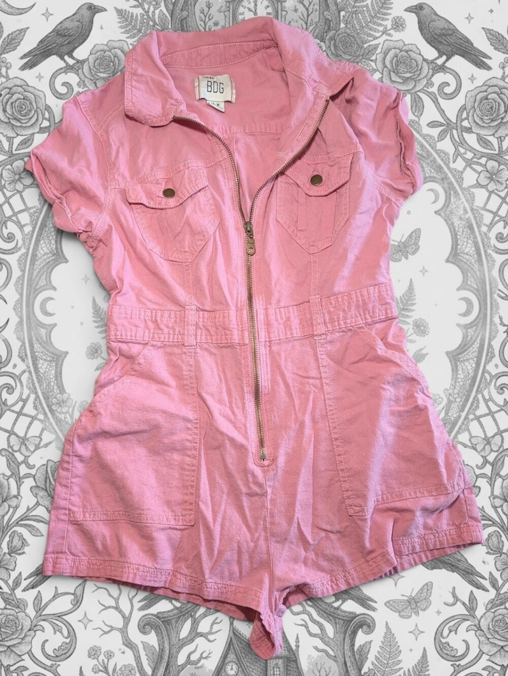 BDG Urban Outfitters Linen Blend Utility Boiler Romper M Pink Zip Front Playsuit